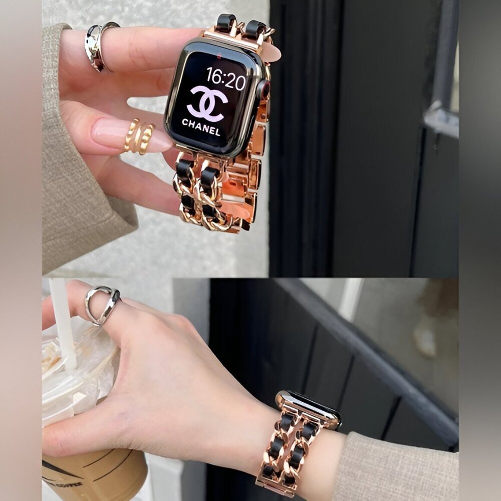 NEW Strap Chain Leather Stainless Band For Apple Watch - RB - Picture 3 of 6